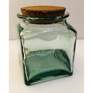 Vintage Green Square Apothecary Glass Jar w/ Cork Lid Cottage Core Coastal Décor
